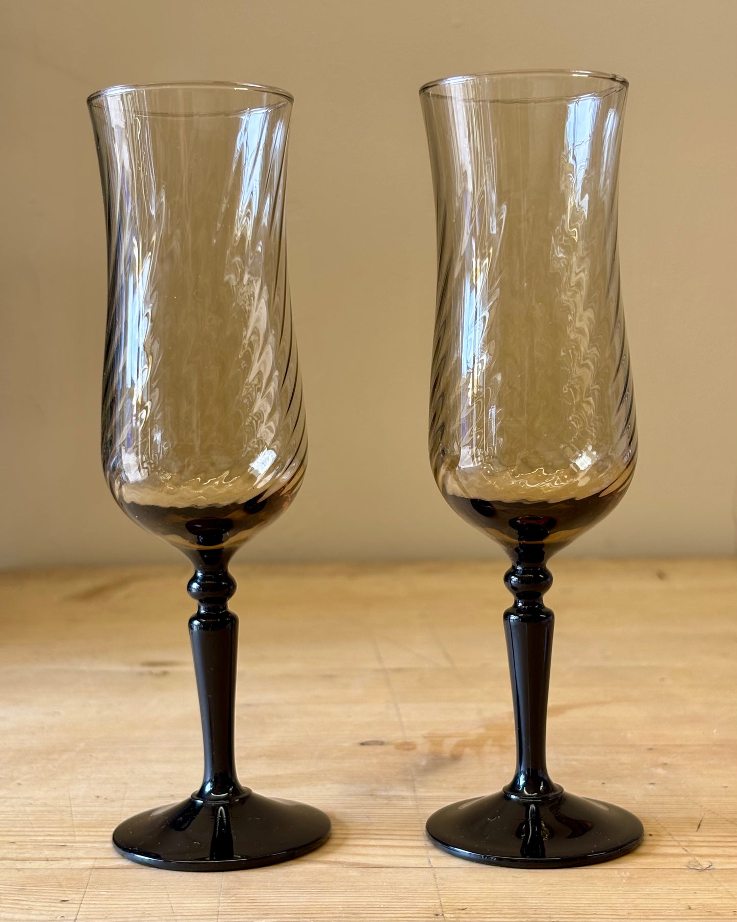 Pair of 1980's French Domino Smoky Glass Flutes