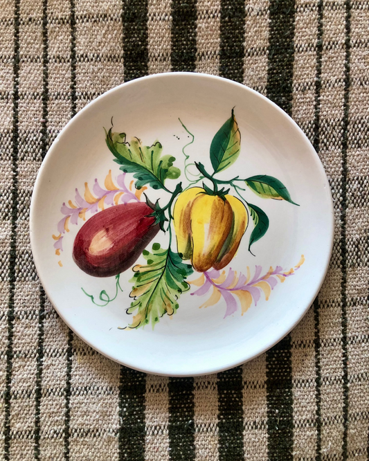 Vintage Italian hand-painted ceramic wall plate - aubergine and yellow pepper