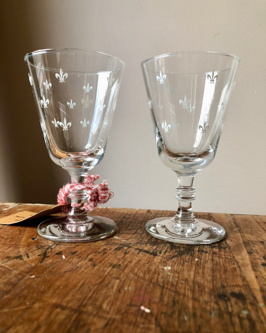 Pair of vintage Fleur-de-Lis wine glasses
