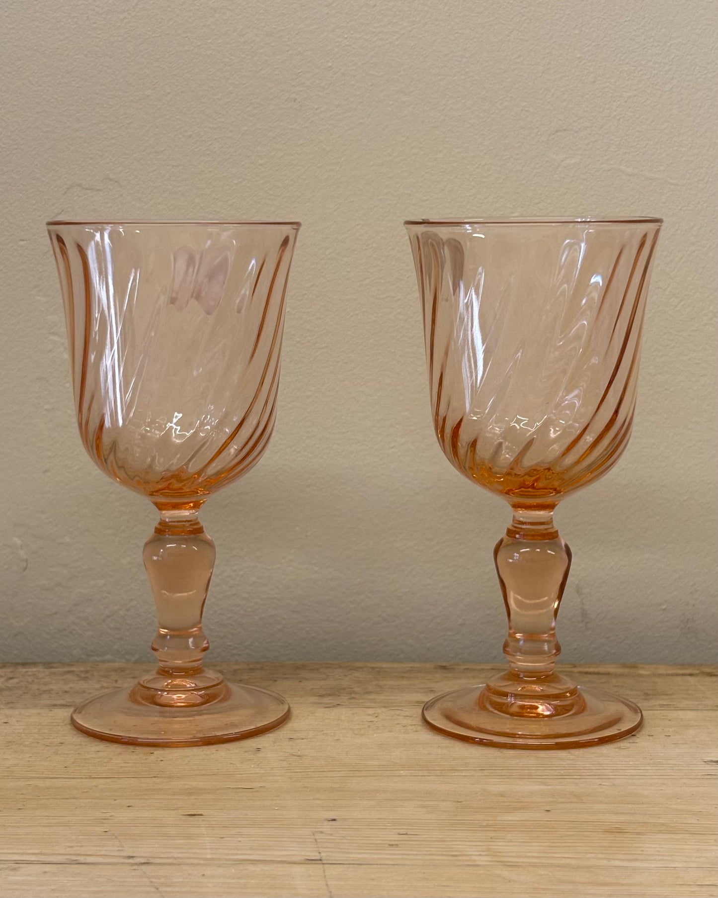 Pair of French Vintage Luminarc Rosaline Pink Swirl Wine Glasses