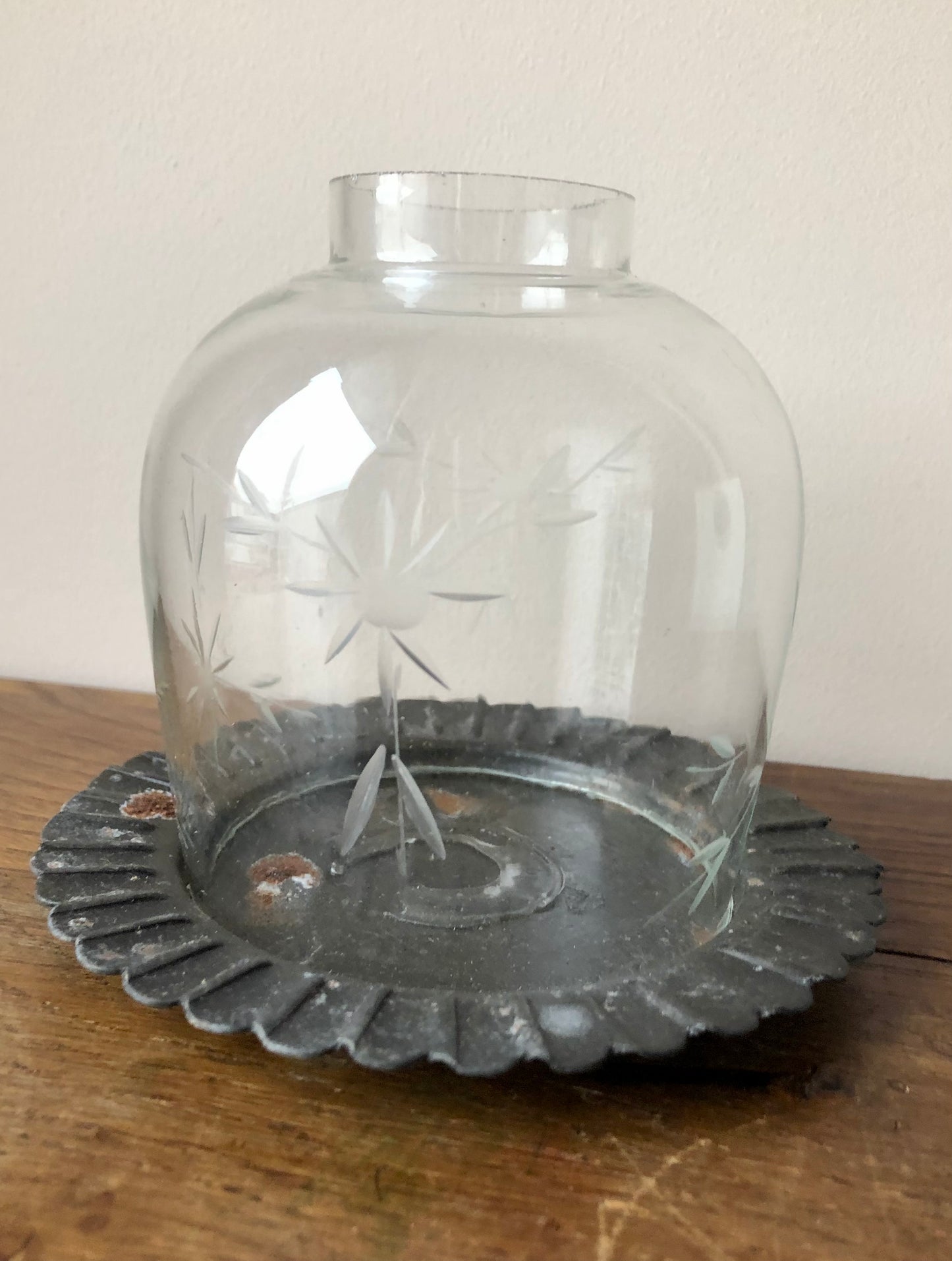 Reclaimed Etched Glass Candle Cloche with Pewter Base