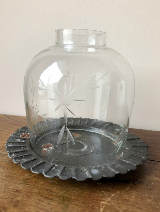 Reclaimed Etched Glass Candle Cloche with Pewter Base