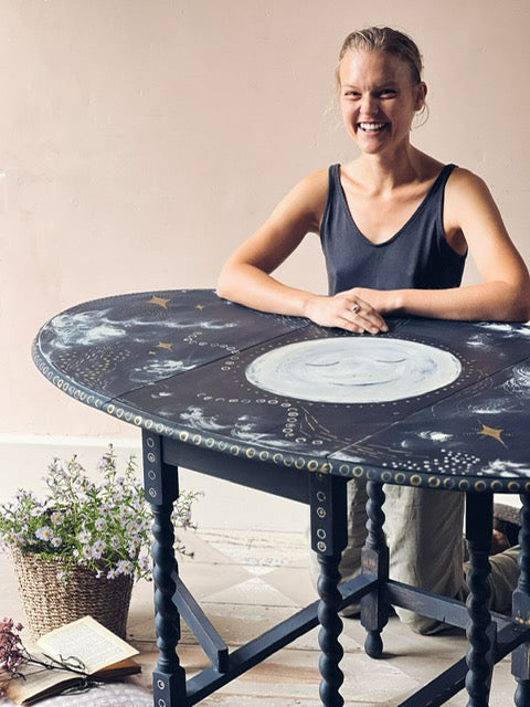 "a trip to the moon" hand painted celestial gate leg table