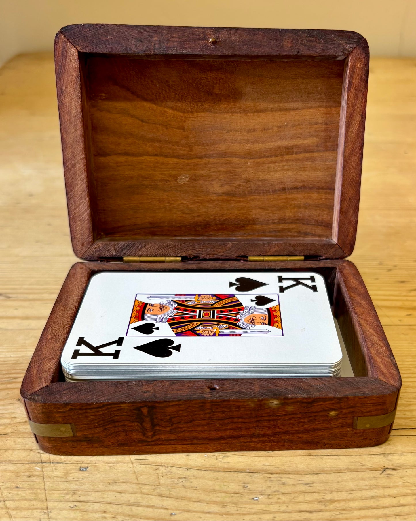 Vintage Wooden Playing Card Box with Brass Inlay