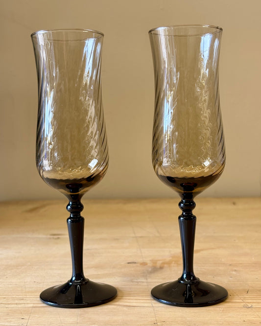 Pair of 1980's French Domino Smoky Glass Flutes