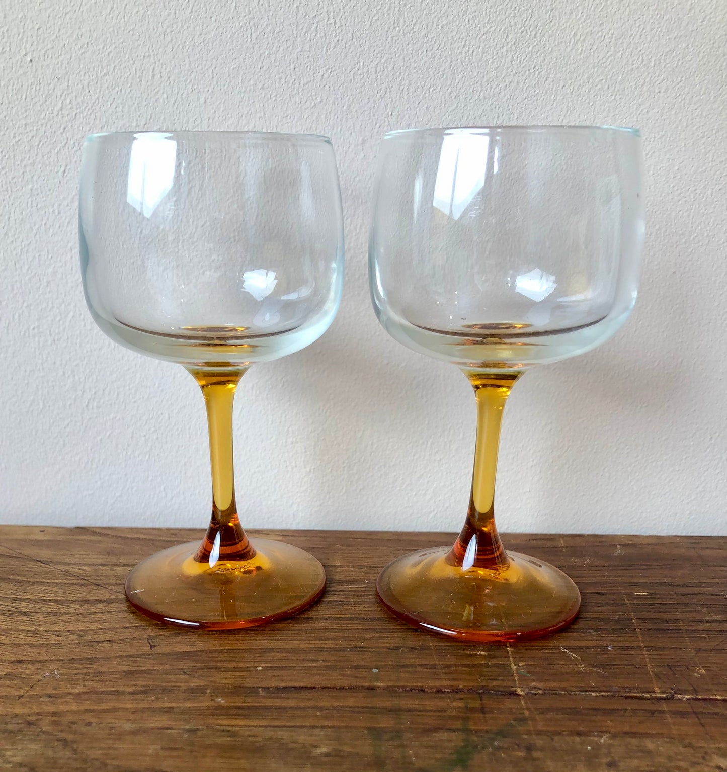 Pair of vintage French amber wine glasses