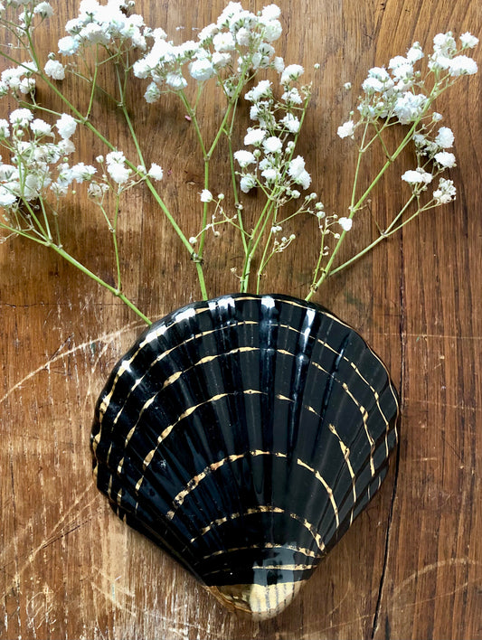 Art Deco Black Shell Wall Pocket Vase with 32 Carat Gold Accents