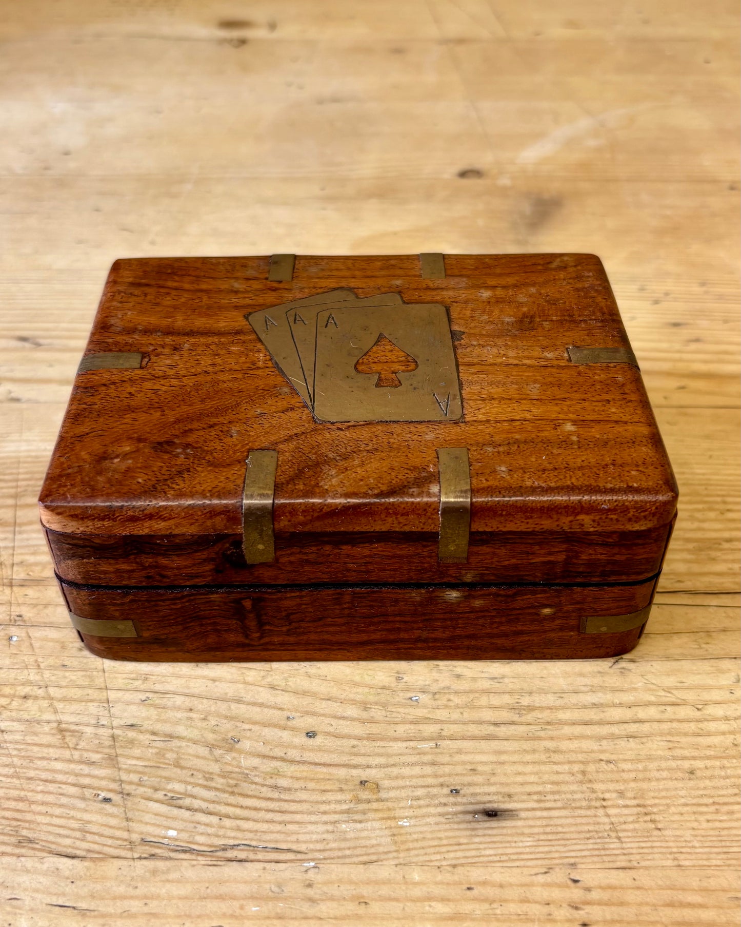 Vintage Wooden Playing Card Box with Brass Inlay