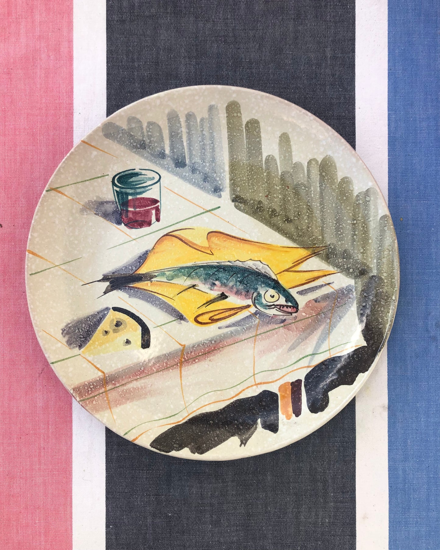 Italian Mid-Century Hand-Painted ‘Fish and Wine’ Wall Plate