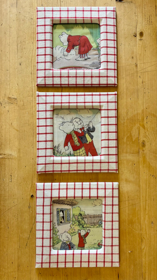 Set of 3 Vintage Rupert Bear Framed Linen Pictures