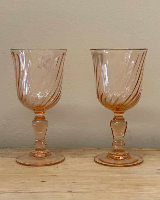 Pair of French Vintage Luminarc Rosaline Pink Swirl Wine Glasses