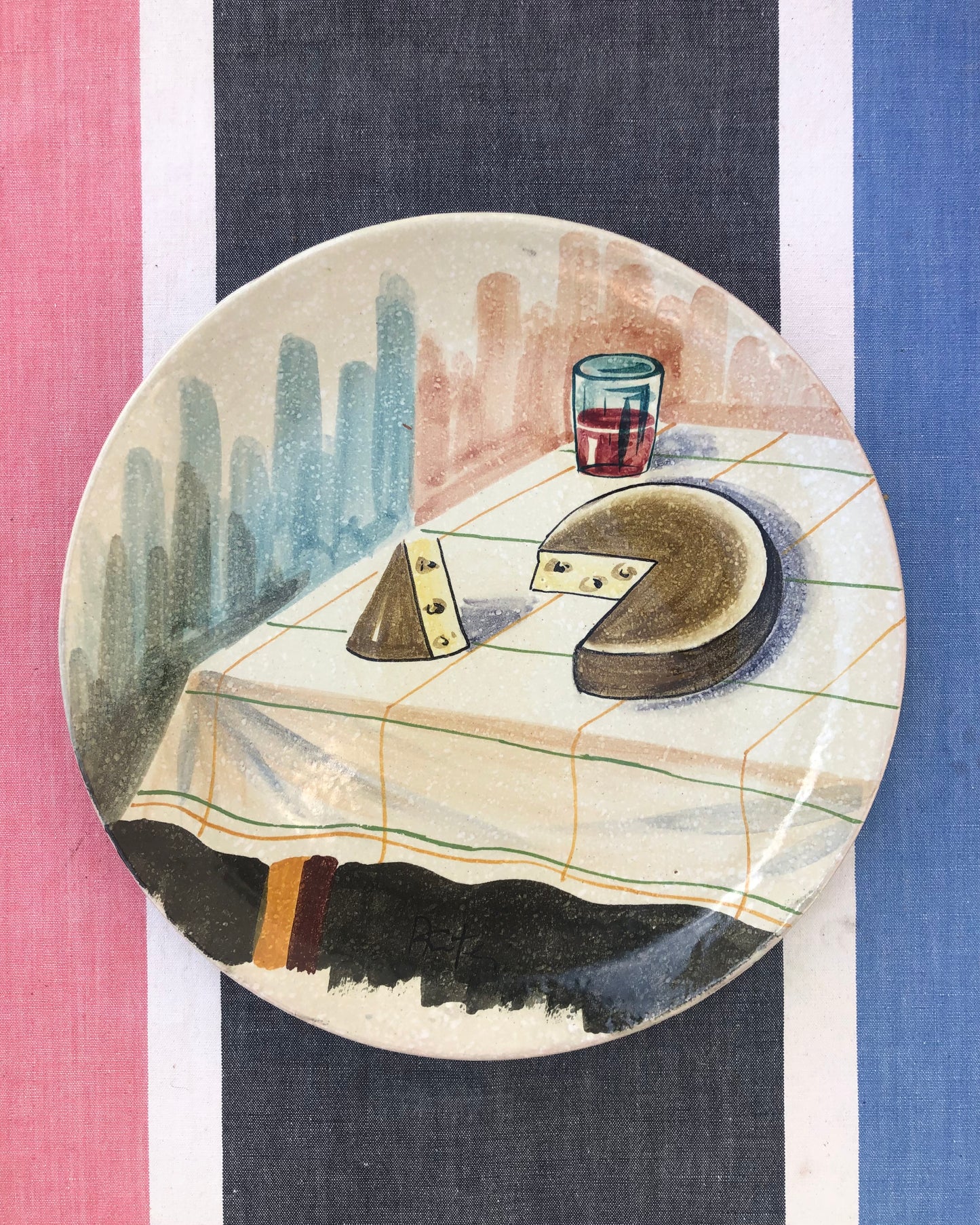Italian Mid-Century Hand-Painted ‘Cheese and Wine’ Wall Plate