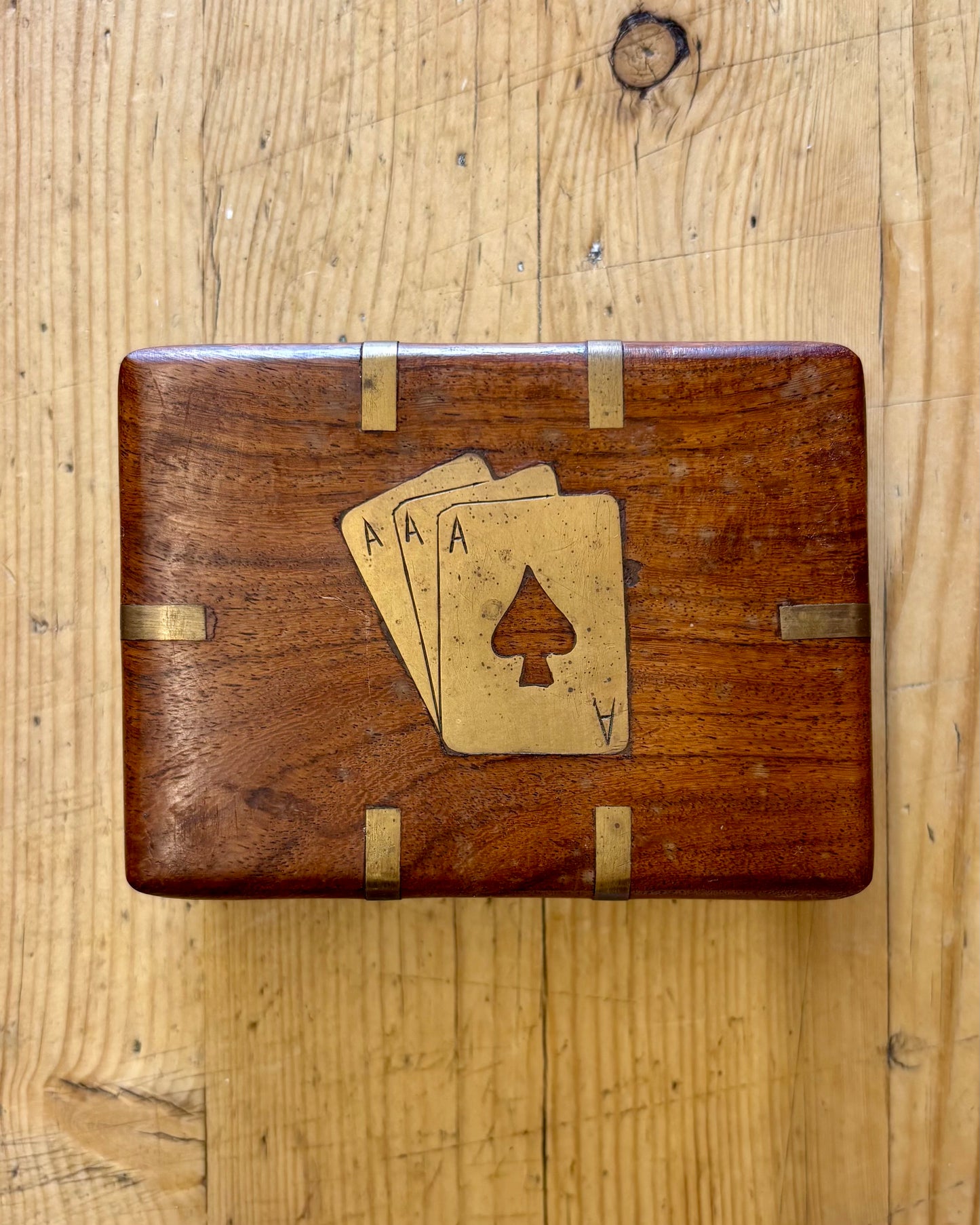 Vintage Wooden Playing Card Box with Brass Inlay