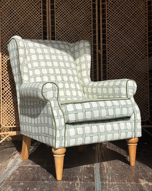 Reupholstered Wingback Armchair in Scion "Fretwork"