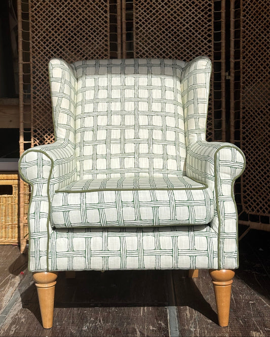 Reupholstered Wingback Armchair in Scion "Fretwork"