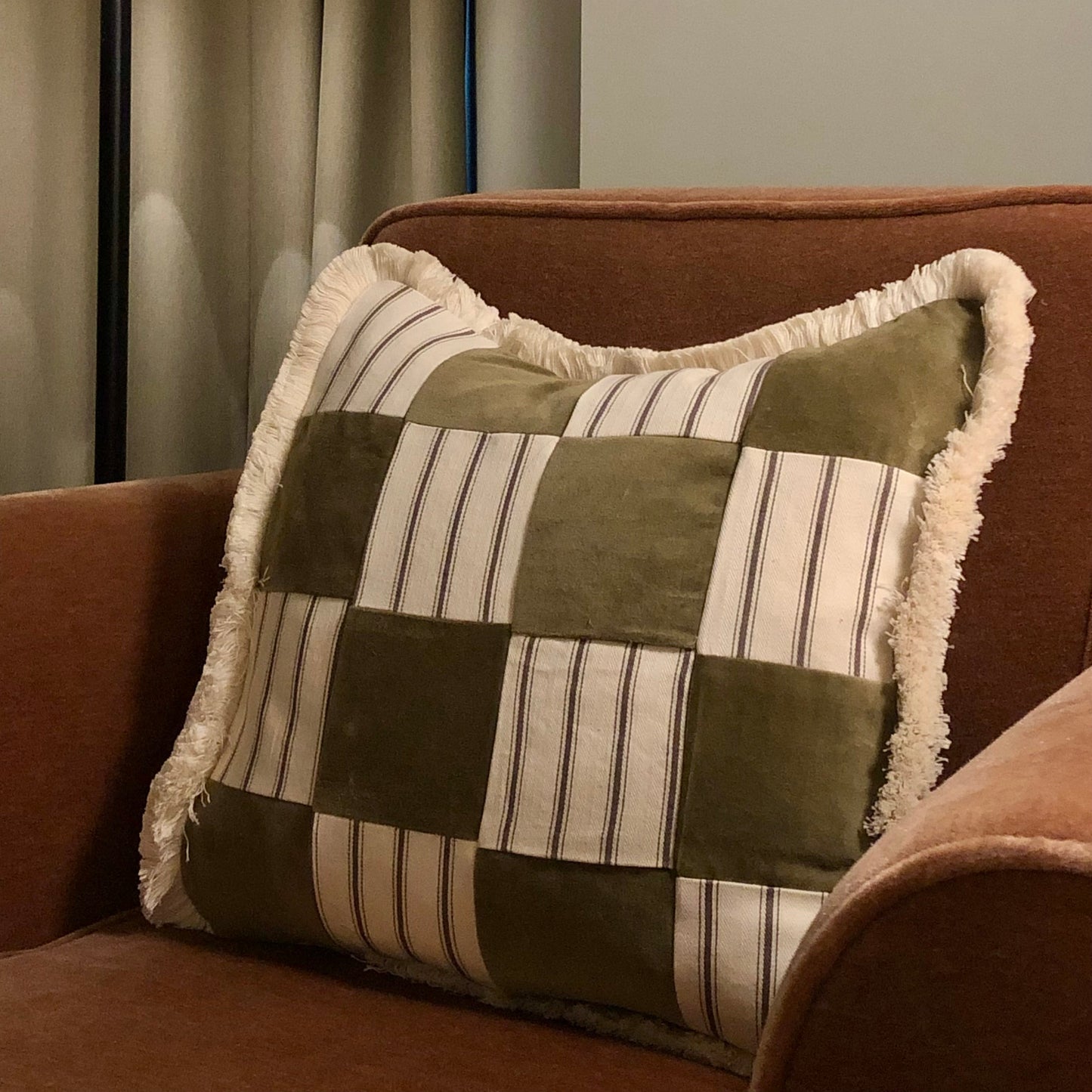 Limited Edition Patchwork Cushion - olive & ticking